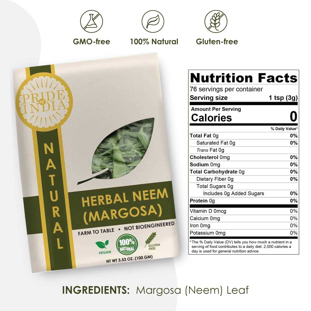 Natural Neem (Margosa) Herb Whole Leaf, 3.53oz (100gm) Pack