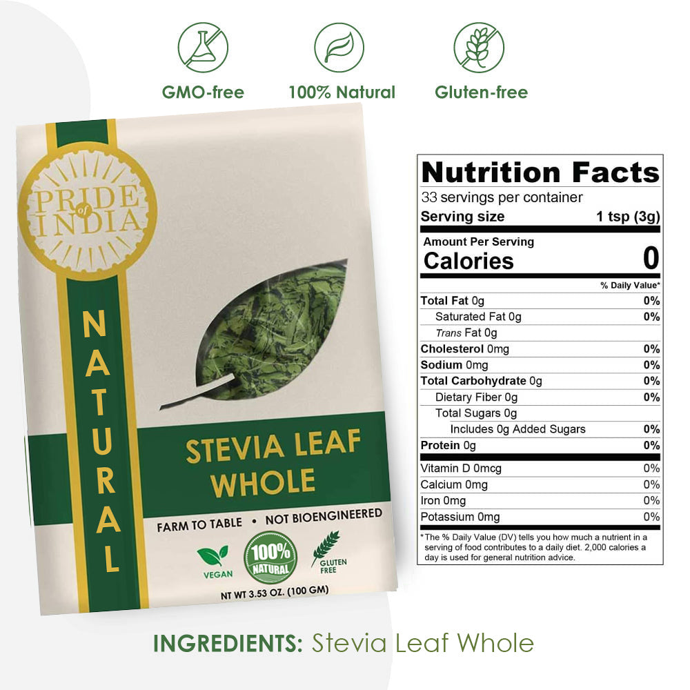 Natural Stevia Leaf Whole, 3.5oz (100gm) Pack