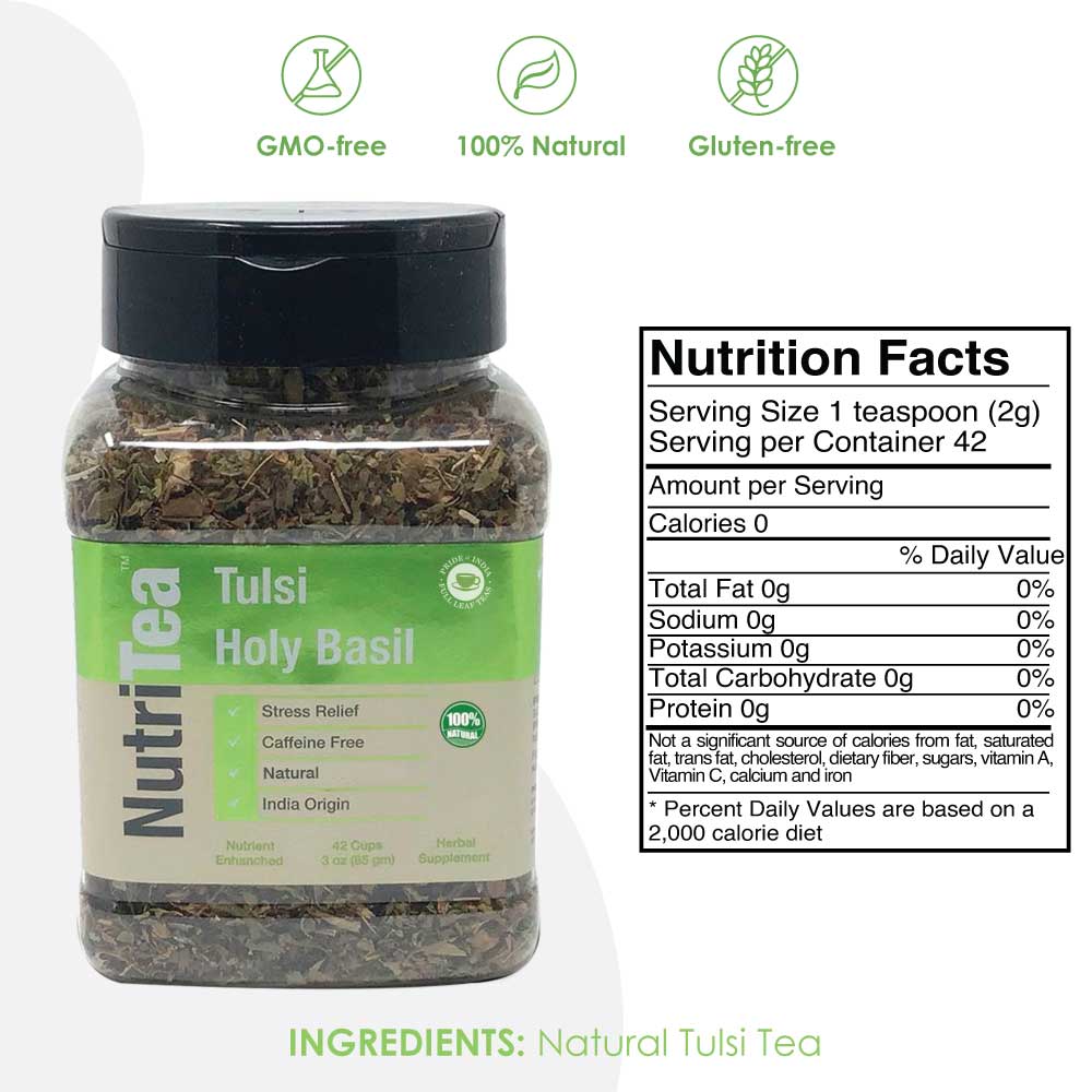 NUTRITEA Natural Tulsi Holy Basil Herbal Full Leaf Tea (Caffeine Free)