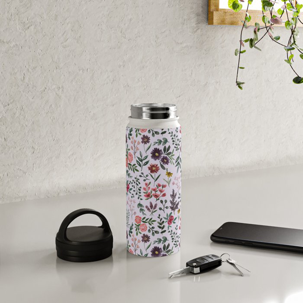 Bright Watercolor Flower - Purple - Handle Lid Water Bottle